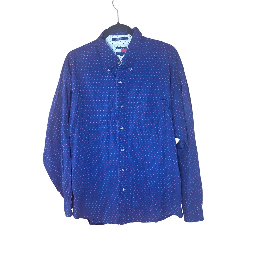 Vintage Tommy Hilfiger Mens XL Blue Red Star Button Down Long Sleeve Cotton
